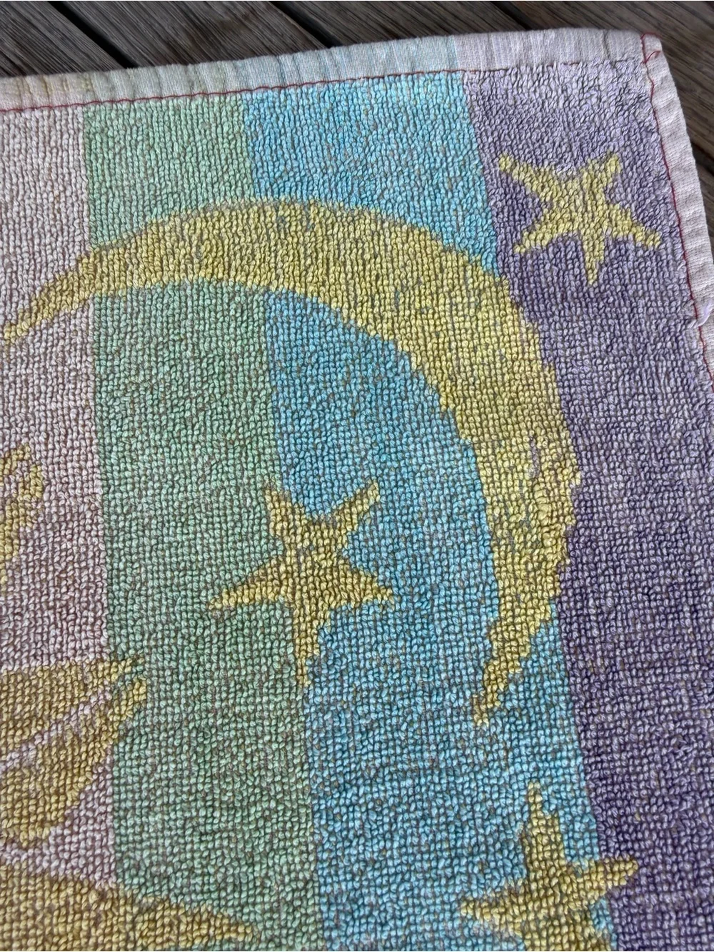 Vintage Pastel Stripe Celestial Sunface Beach Towel Sun Moon Stars 25x54 Fair
